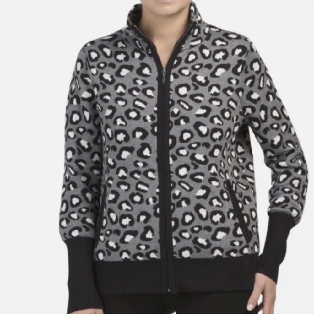 Rachel Zoe Black Gray Animal Print Mobwife Mock Neck Knit Bomber Jacket Size M
